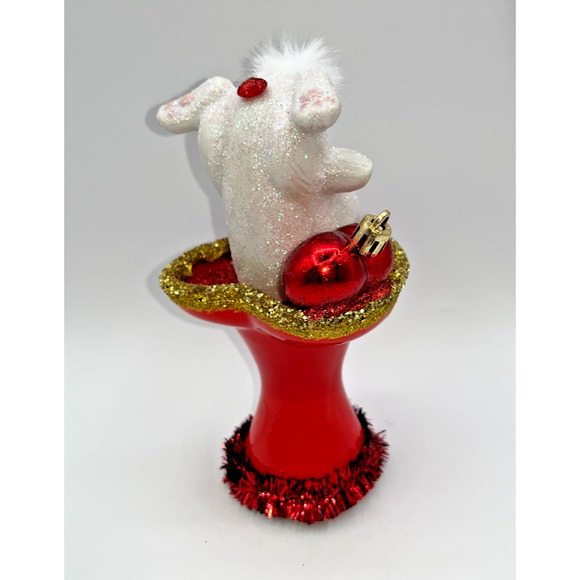 Vintage Tumbling Bunny Red Ceramic Pedestal Heart Dish Gold Valentines Day OOAK - Picture 7 of 16